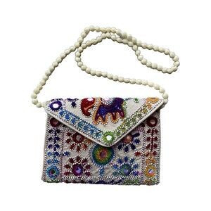 Embroidered Fabric Mirror Accents Clutch Shoulder Purse Bag 9"W X 8"H from India